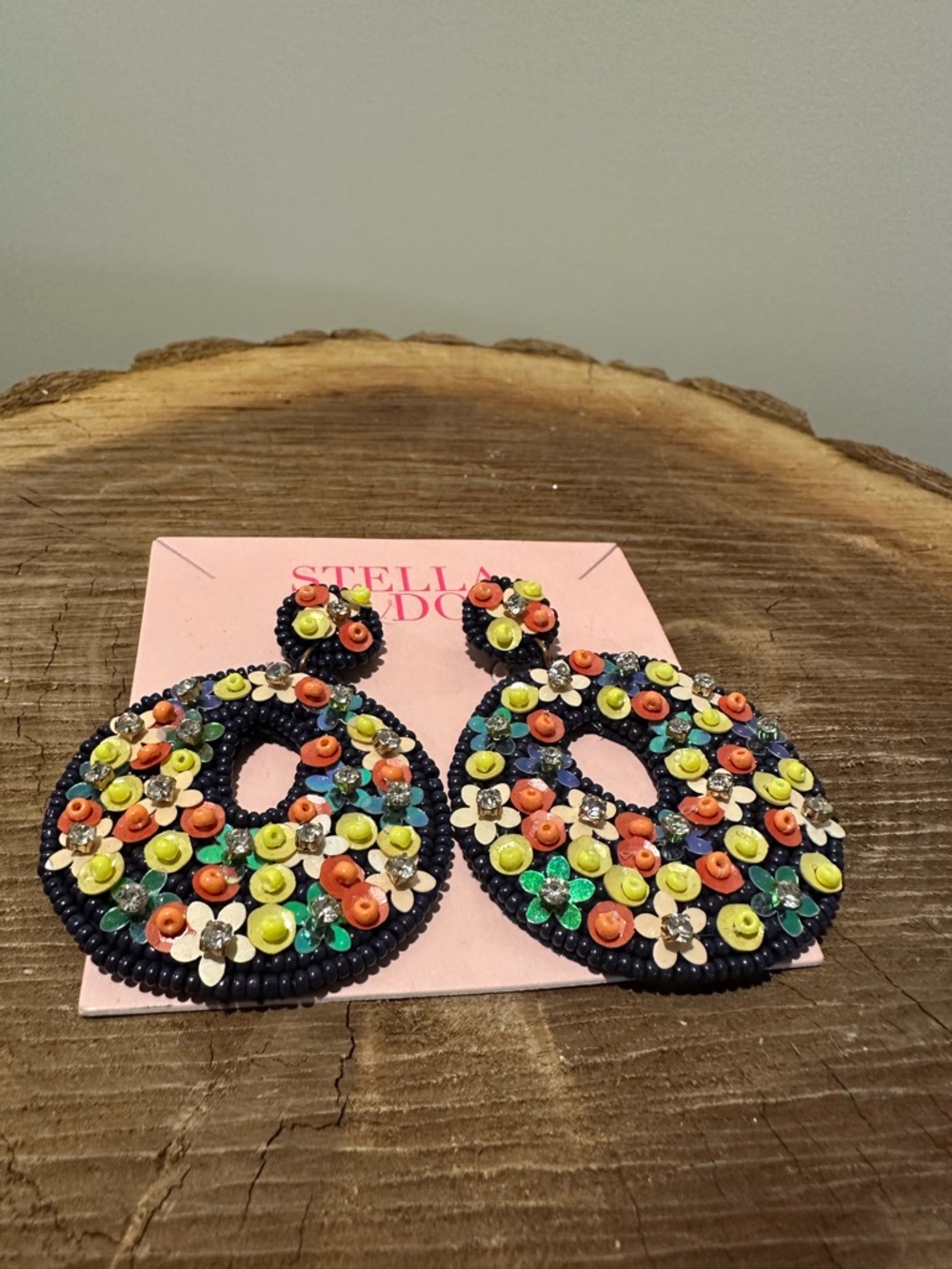 Stella & Dot Navy Beaded Floral Hoop Earrings with Multicolor Accents